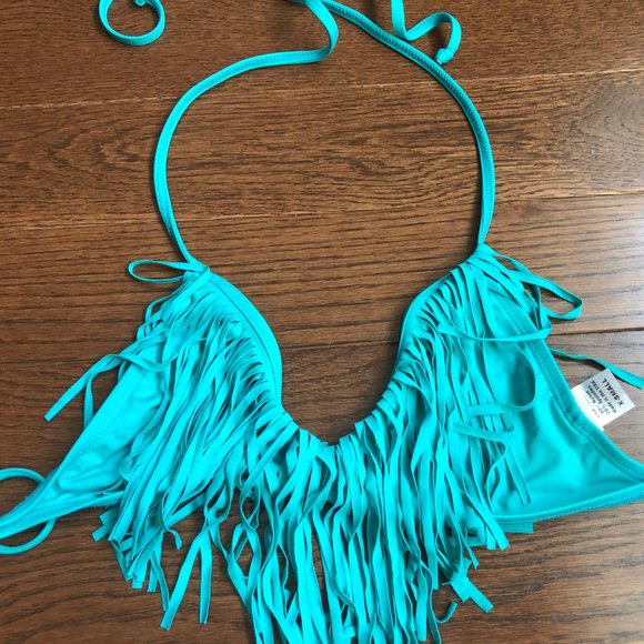 L*Space Audrey Aqua/Teal Fringe Halter Bikini - Picture 4 of 9